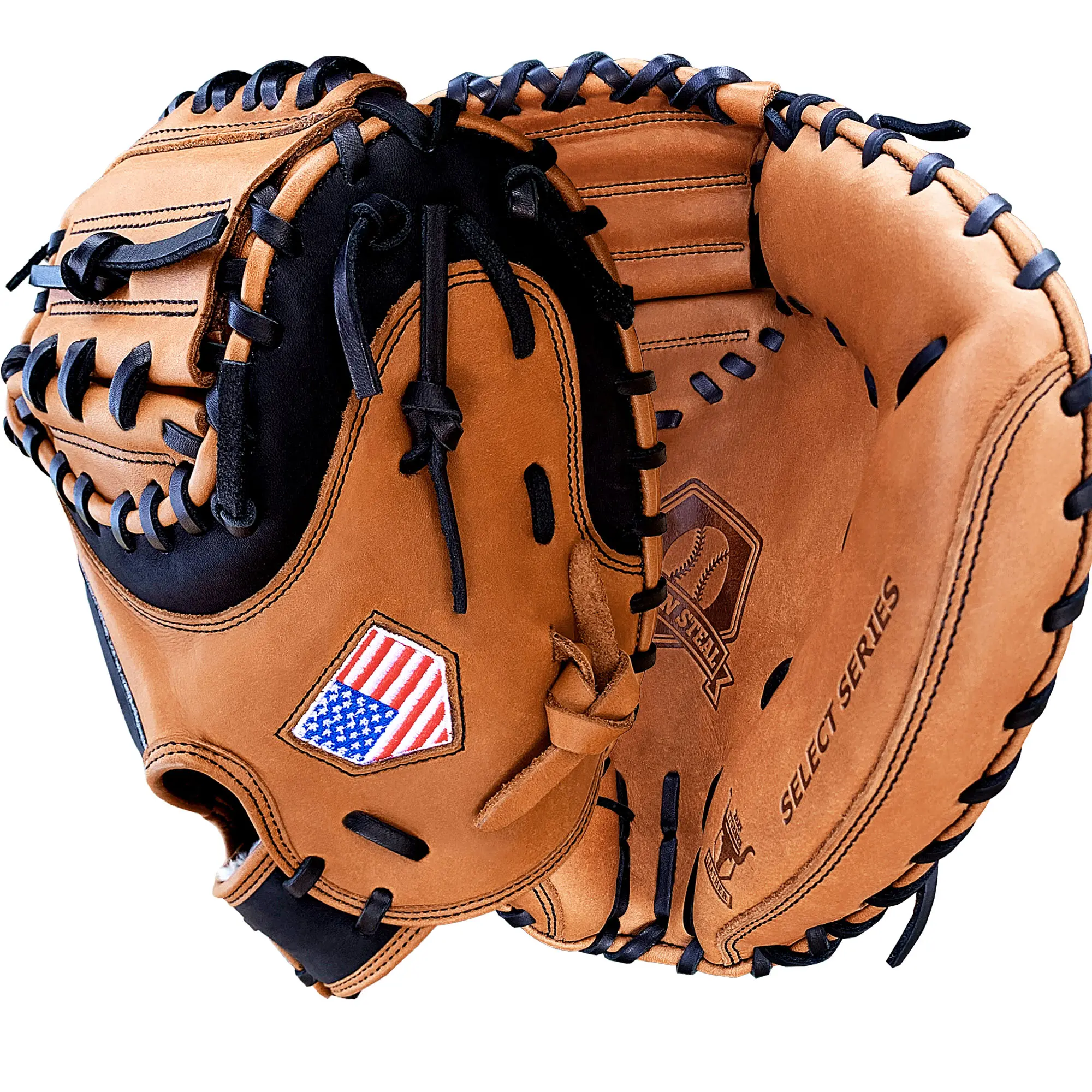 Hit Run Steal 33.5" Catcher's Mitt, Handcrafted American Steerhide Leather with Half Moon Web, Baseball Gloves & Mitts for Adult & Youth, RHT/LHT, Adults, 33.5 Inch