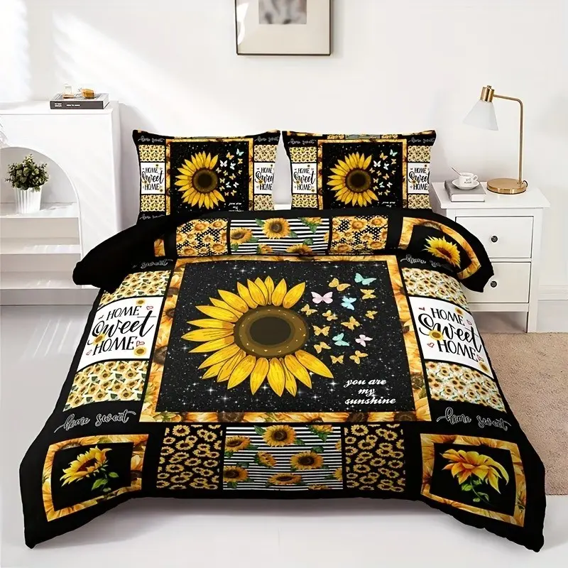 3-piece rural style sunflower bedding set, Decorative bedding set, including 1 duvet cover and 2 pillowcases (excluding the core), super soft breathable duvet cover and pillowcase, suitable for bedroom, guest room, dormitory