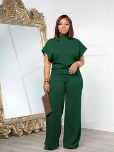 USBoutique Chic UPGRADED Women Summer Lightweight And Silky Soft Set Two Piece Casual Set Short Sleeved Semi High Neck Loose Top Wide Leg Pants Set