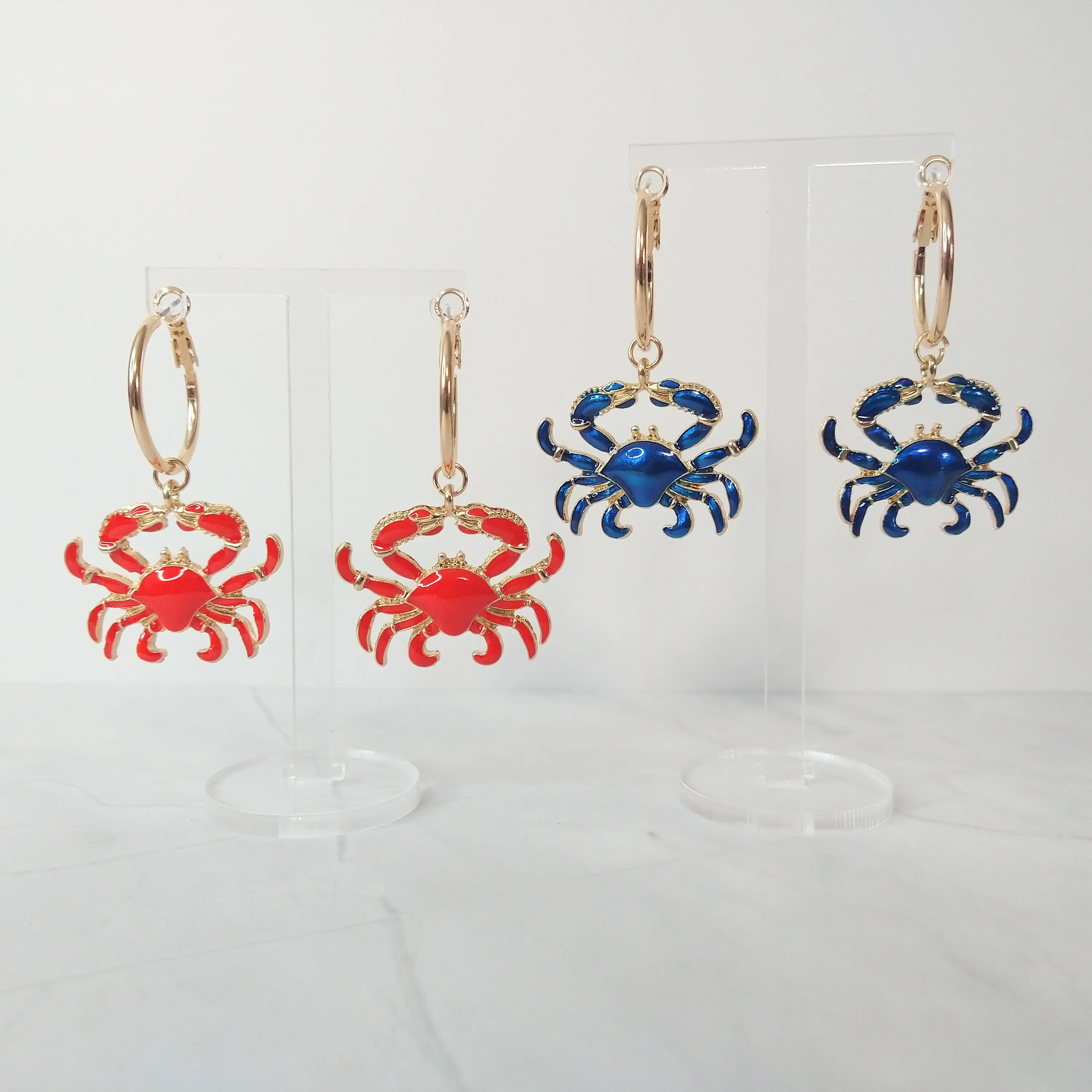 #299 Red or Blue Crab Hoop Earrings, Casual, Beach, Tropical, Summer, Vacation, Zinc Alloy, Jewelry