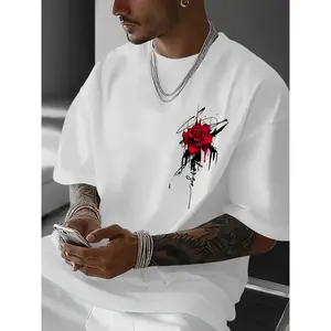 Plus Size Red Rose Graffiti Graphic Oversized Tee, Y2K Grunge Streetwear Men Casual Cotton Crewneck Short Sleeve T-Shirt