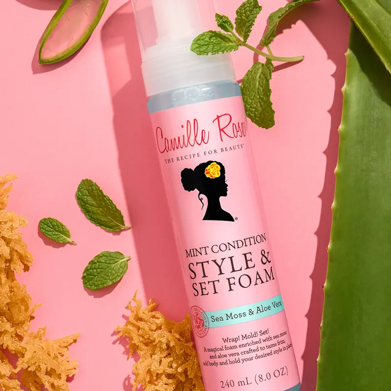 Camille Rose Mint Condition Style & Set Foam - 8 OZ Styling Foam with Sea Moss & Aloe Vera to Tame Frizz, Add Body & Hold Your Style - Relaxed, Natural & Protective Styles