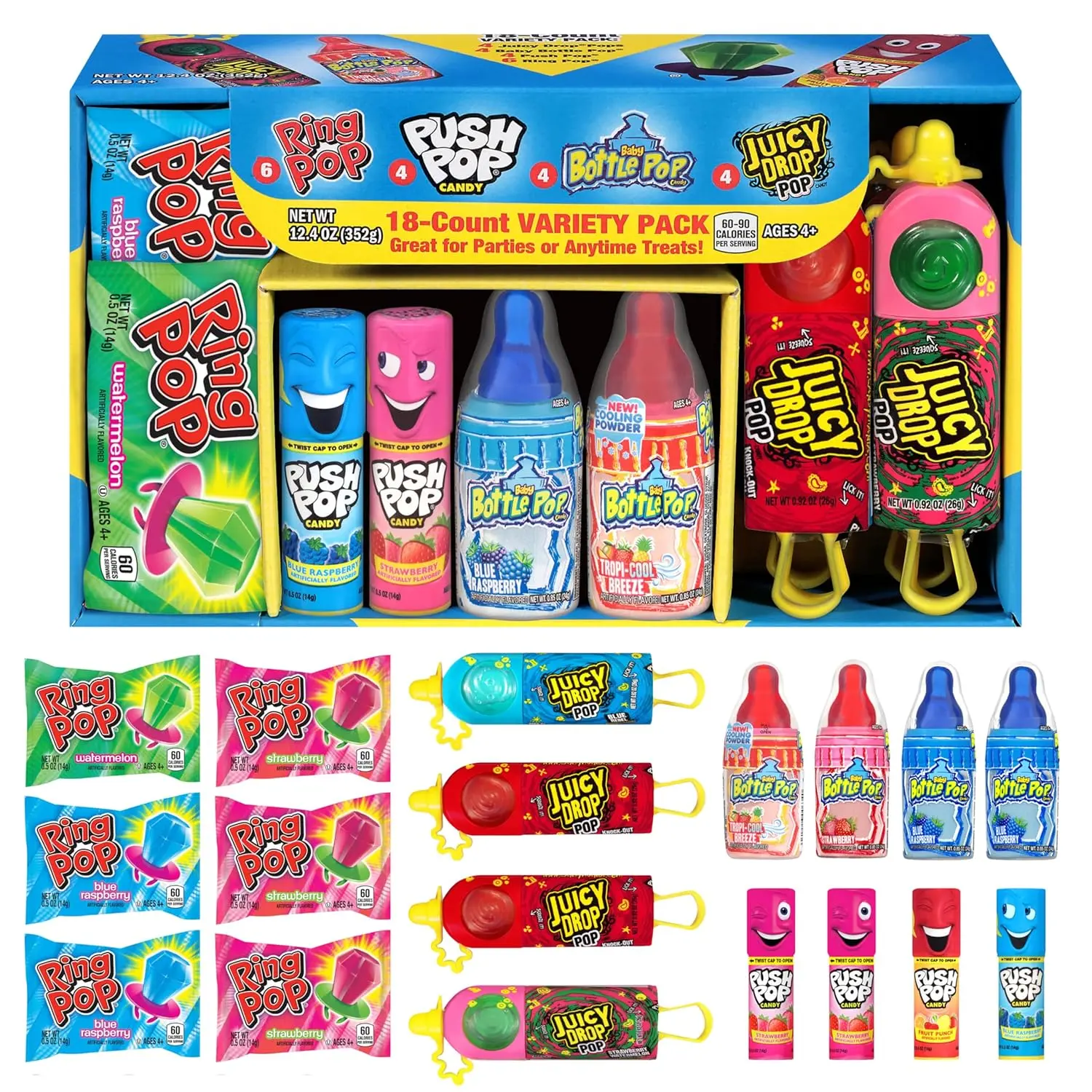 Bazooka Candy Brands 18-Count Sweet Easter Snack Variety Pack - Individually Wrapped Candies (Ring, Push & More) - Glycerin, Red 40, Artificial Flavor - Fruity, Strawberry - Easter Basket Stuffers