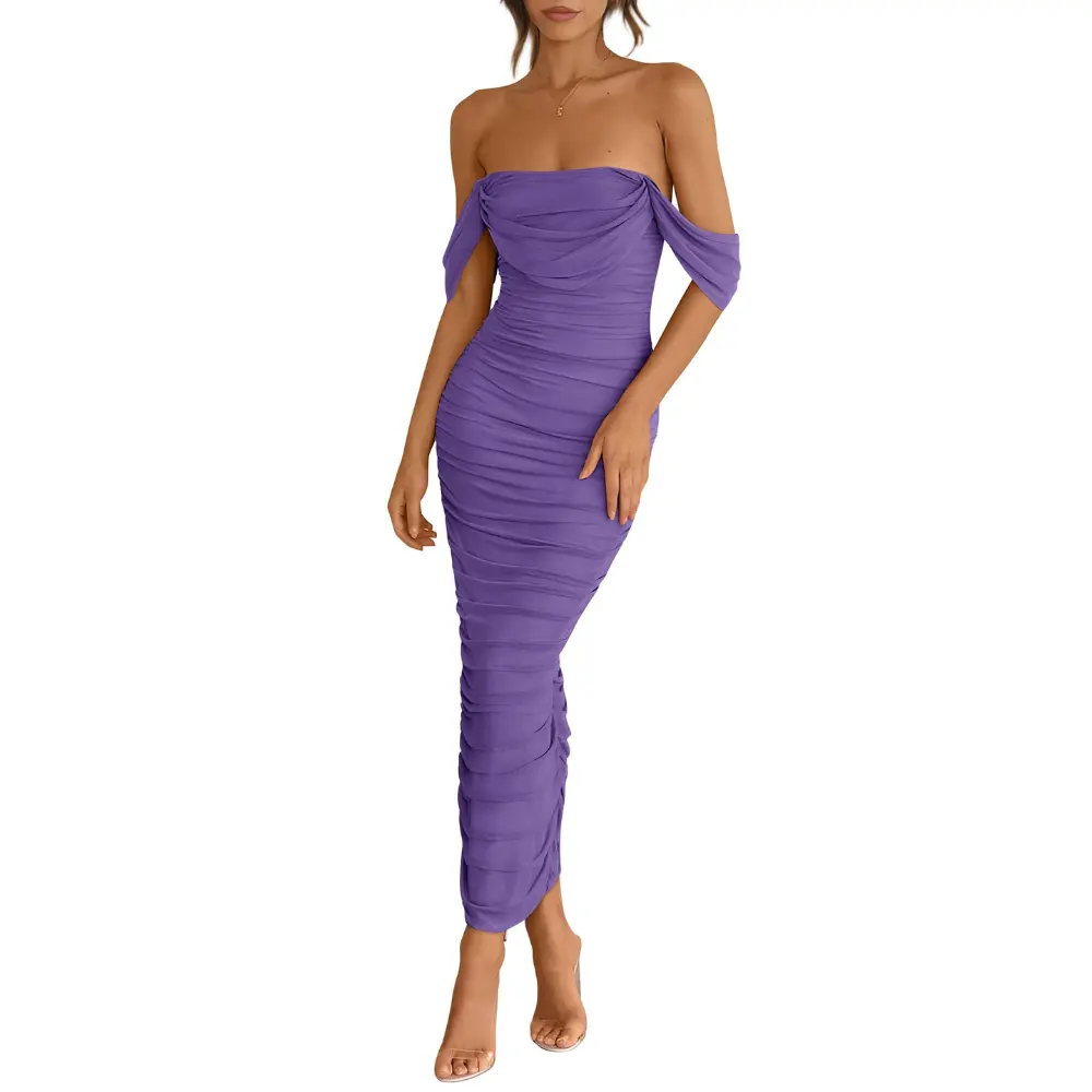 PrettyGarden Womens Summer Off The Shoulder Dress Ruched Bodycon Sleeveless Split Cocktail Party Maxi Dresses