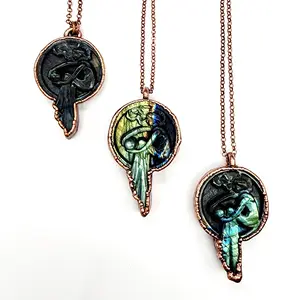 Labradorite Celestial Full Moon Goddess Necklace - Soldered Copper Chain, Electroformed Jewelry