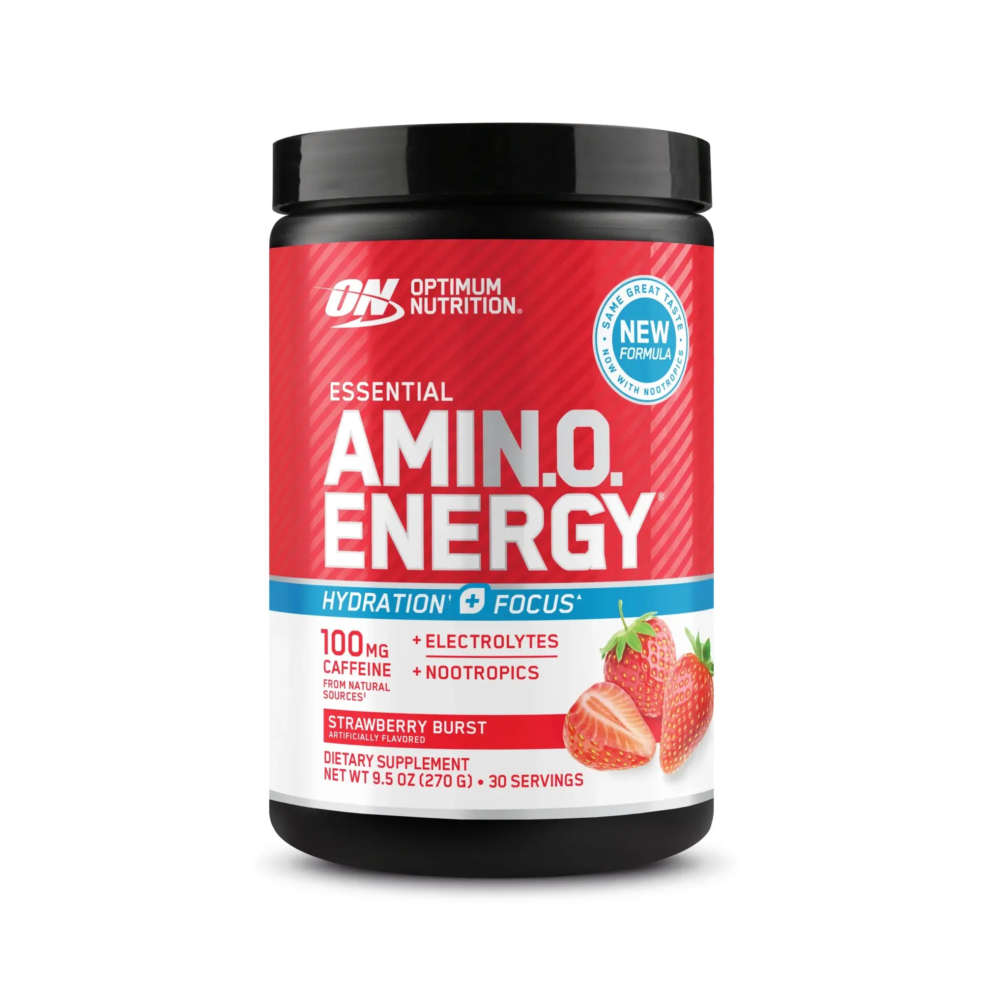 Optimum Nutrition Amino Energy Pre Workout Focus Fuel Dietary Supplement Powder - Sugar-Free, Natural, BCAA Boost, Electrolytes, Potassium, Caffeine, Enhanced Alertness, Strawberry Flavor, 30 Servings, Fitness Support for Adults (Packaging May Vary)