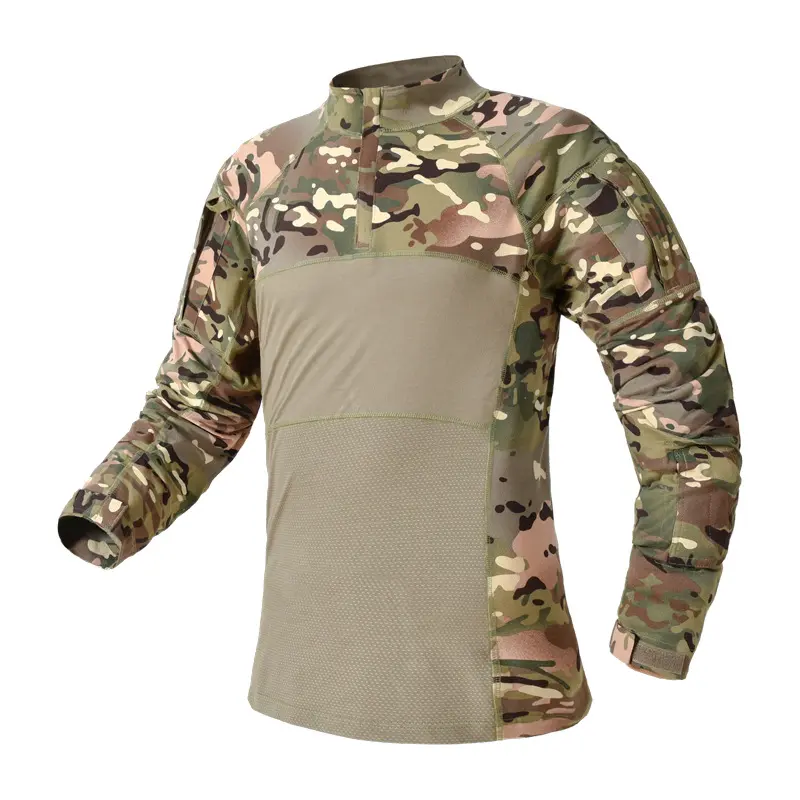 Menswear Frog-Style Combat Shirt, Long Sleeve Camouflage Tactical Uniform with Breathable Mesh and Forearm Pockets, Uniforms, Workwear, Outdoor