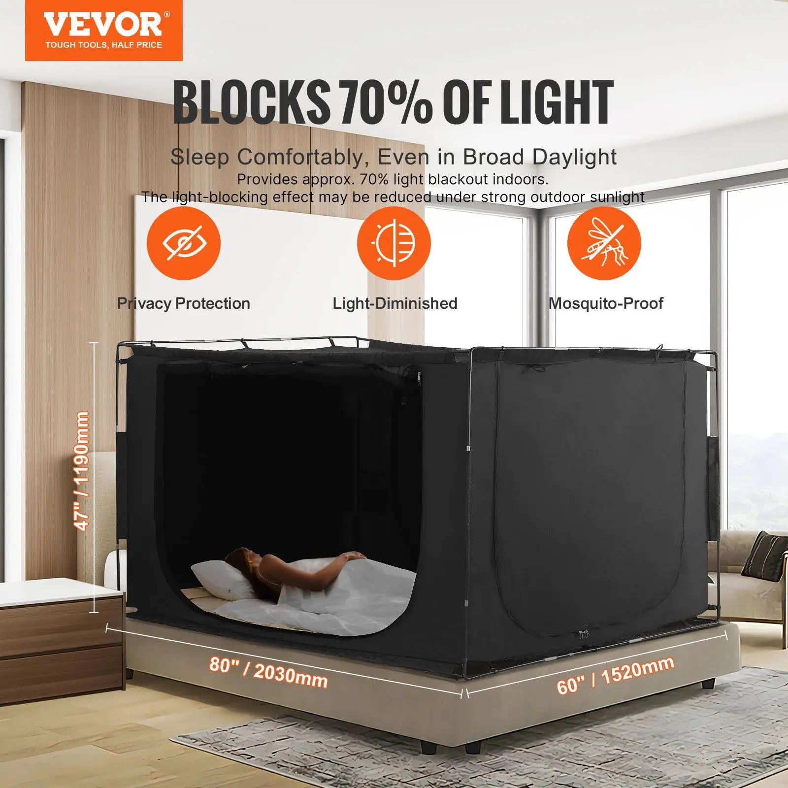 VEVOR 3-Door Bed Tent, Breathable with Mesh Netting Sides, 70% Blackout Design, Supported by 0.43 in Fiber Poles