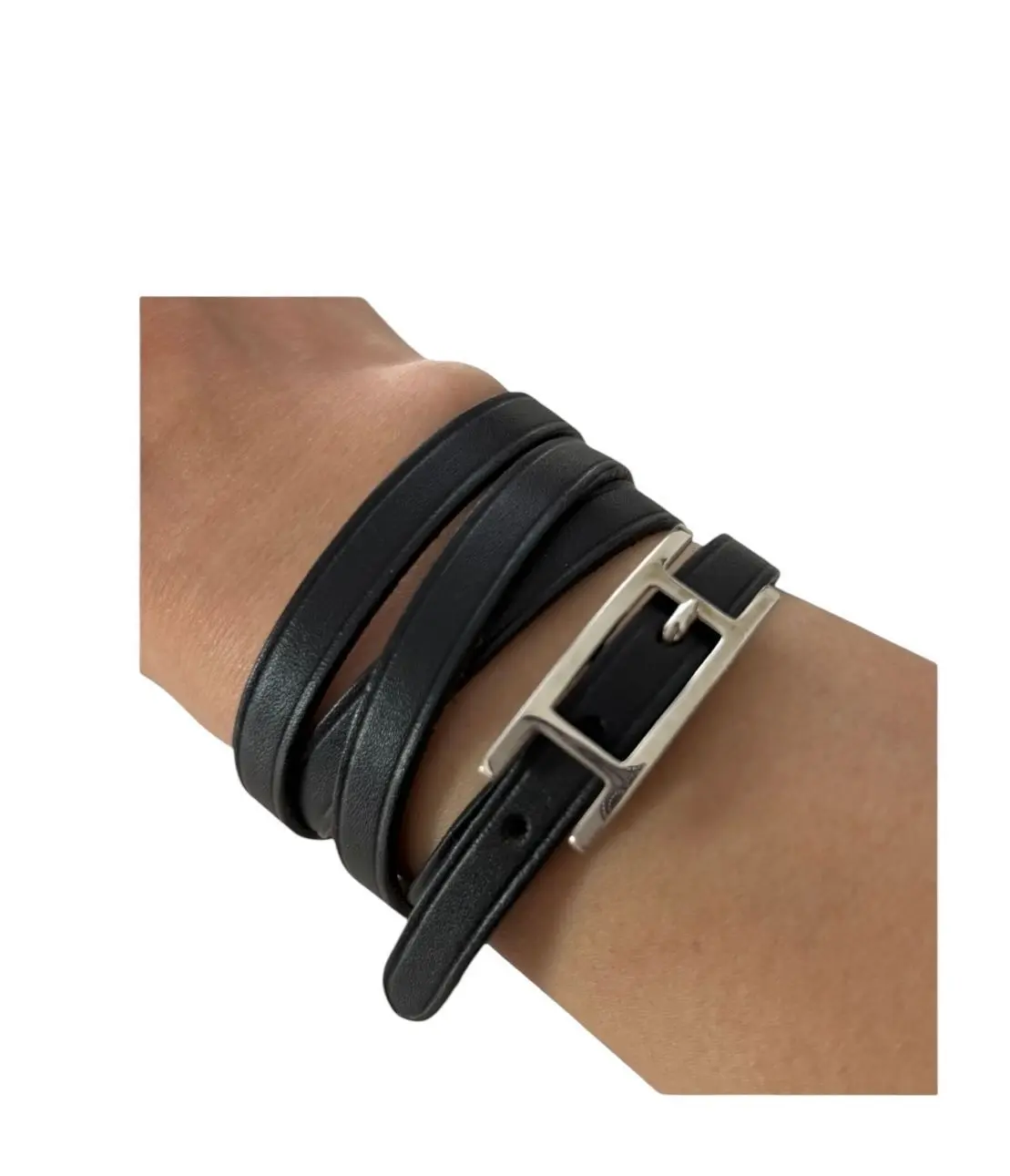 Pre-owned HERMÈS Leather Necklace/Bracelet HERMES "Hapi": Black/Silver Wrap Bracelet W/ Box