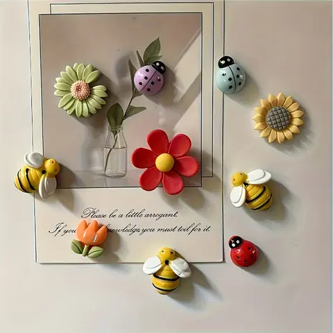 10pcs 3D Bee/Insect/Flower Cute Fridge Magnets for Lockers, Colorful Powerful Decorative Fun Fridge Magnets for Whiteboards, Kitchens and Offices