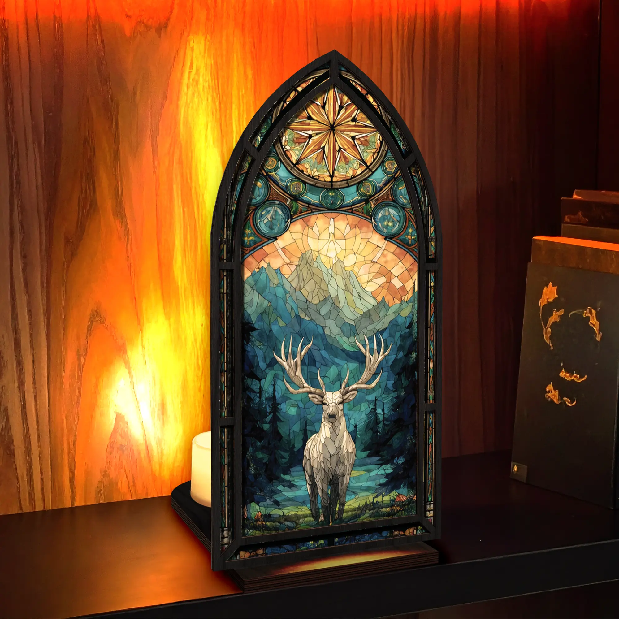 Wooden Fantasy Library Book Nook Insert with Wooden Base, 1-Piece Design, Warm LED Light Warm Glow, Charming Library Sign, Bookshelf Decor, Fits Most Standard Bookshelves, Book Lover Gift