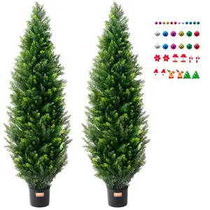 VEVOR Artificial Cedar Topiary Tree, 60 inch Tall (2 Pieces), with Extra Leaves Pot Faux Evergreen Fake Pine Cypress Trees Plant, UV Rated Artificial Greenery Set for Home Decor Indoor/Outdoor