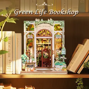 CUTEBEE DIY Book Nook Kit Green Life Bookshop – Wooden Miniature Bookstore Scene with LED Light | Handmade 3D Dollhouse Decor, Holiday and Christmas Gift for Adults