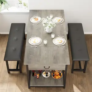Dining Room Set for 4, Comfortable Durable Upholstered Bench with Storage Drawers, Gray Indoor Dining Table Set