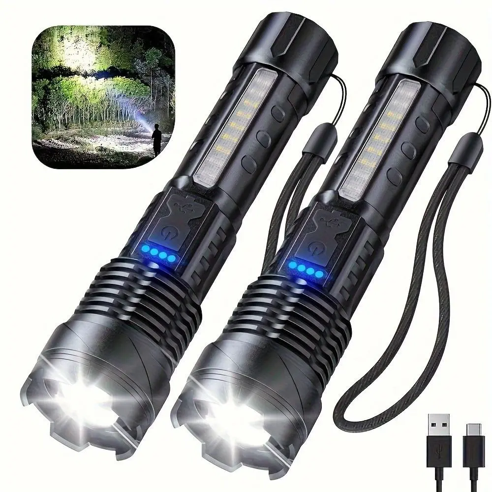 2PCS Compact LED Handheld Flashlights - 5-Mode, COB Side Light, USB-C Charging, Power Display, 8 Hours Runtime, Detachable Clip, Zoomable, for Outdoor Garden Tasks, Father's Day Gifts, Home Improvement Tools