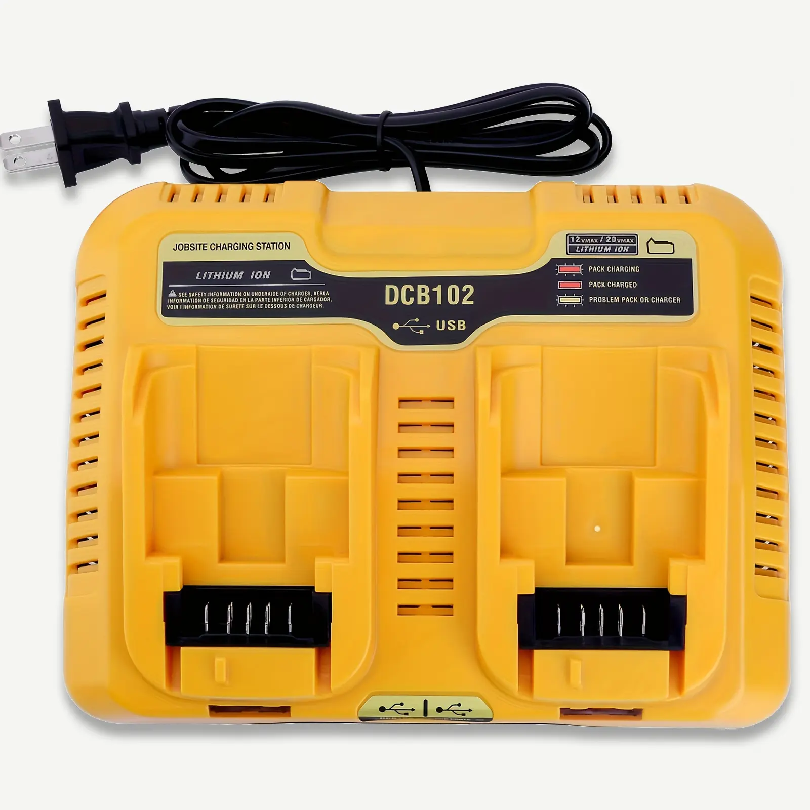 12/20V Max Lithium Ion Battery Charger Replacement for Dewalt DCB102, Dual Ports Simultaneous Charging, 2 USB Ports, Compatible with 12V 20V Max Lithium Batteries