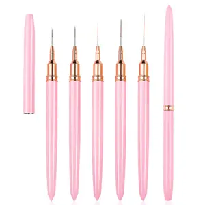 WOKOTO 5 Pcs Pink Nail Art Liner Brushes Painting Detail Nail Brushes For Nail Art Tools Set Nail Dotting Drawing Tool For Long Lines Thin Details Fine Drawing Sizes 4/8/12/20/25mm Thin Nail Brush Manicure Brush