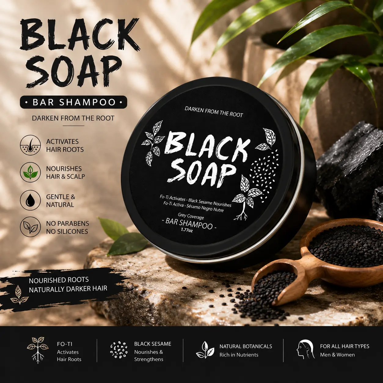 Black Hair Soap Bar with Butanediol – Nourishing, Moisturizing, Brightening & Repairing Hair Cleanser, Grey Coverage Shampoo Bar for Healthy, Comfortable Hair Care