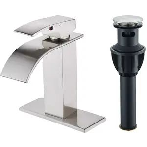 Waterfall Bathroom Faucet, Brushed Nickel Modern Single Handle Bathroom Faucets for 1 or 3 Hole Bathroom Sink Faucet Mixer Tap Washbasin Faucet with Deck, Pop-up Drain and Supply Hoses