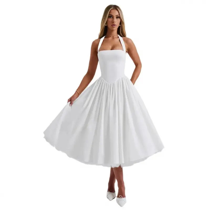 Women's 2026 New Sleeveless Puffy Tulle Formal Gown - Elegant Style, Waist Tie, Flowy Lady's Wear for Party, Ball Events, White Formal Dress