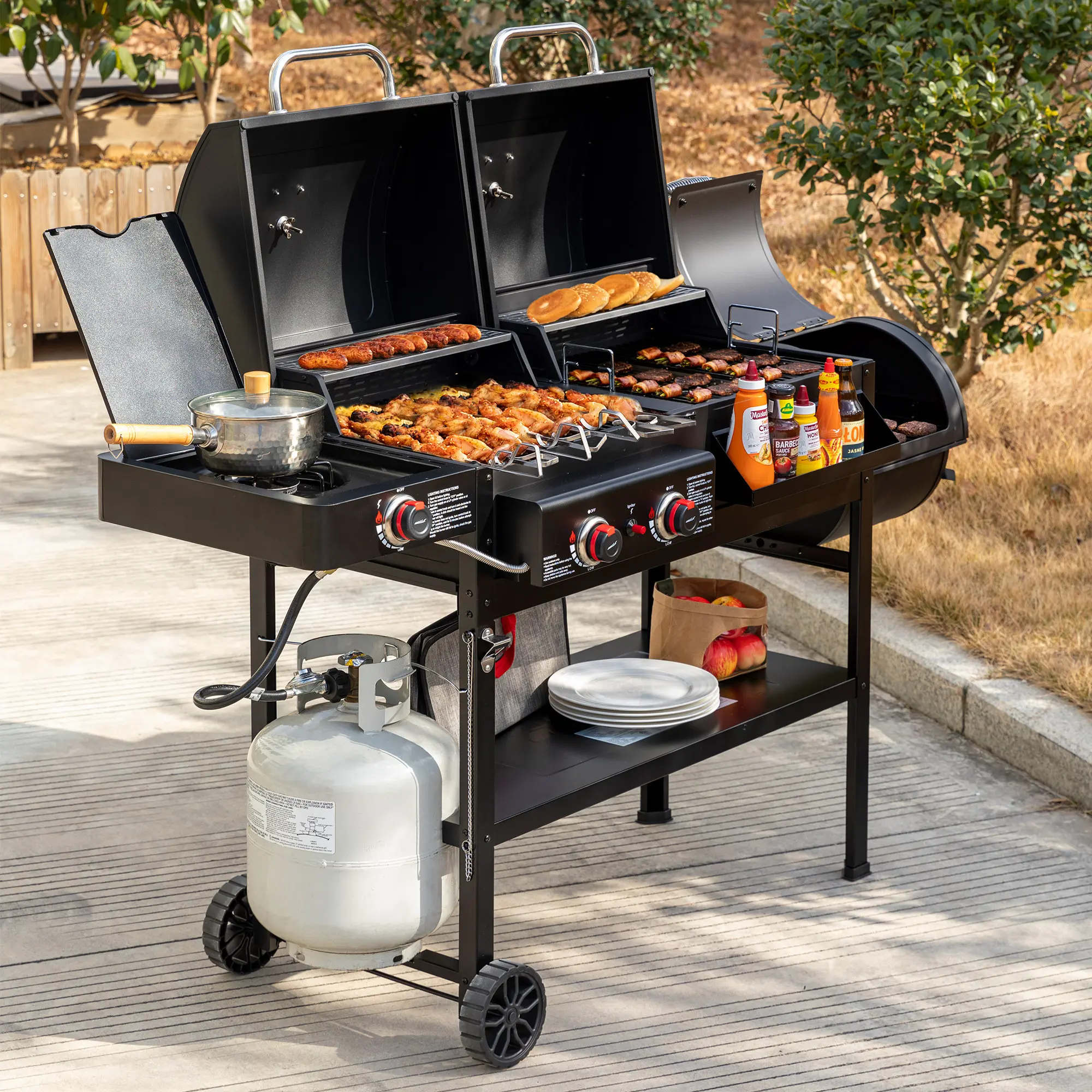Royal Gourmet ZH3005Y 4-IN-1 2-Burner Gas & Charcoal Combo Grill, 1020 Sq In Offset Smoker Outdoor BBQ Pit with Side Burner, 34,000 BTU Dual Fuel for Outdoor Patio Garden Picnic Backyard Party Cooking, Black