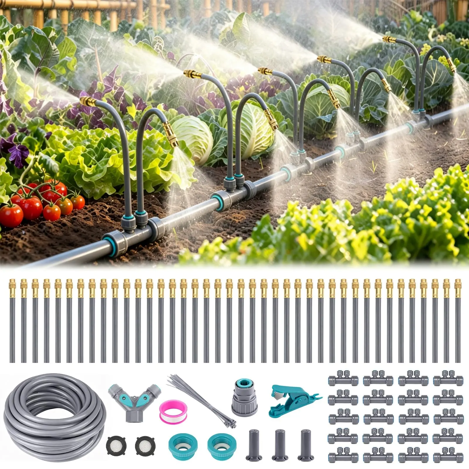 66 FT/39FT Garden Mister System, Impact Sprinkler, Automatic Garden Watering System with 360-degree Bending Dropper Atomizing Copper Nozzle, Drip Irrigation System for outdoor Garden, Greenhouse, Yard, Lawn, Plant