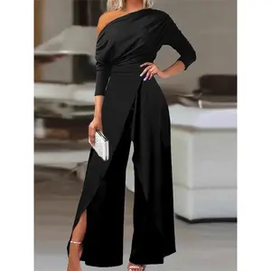2025 Spring Jumpsuits for Women Plain Elegant Office Lady Loose Ruched One Shoulder Split Hem Wide Leg Jumpsuit