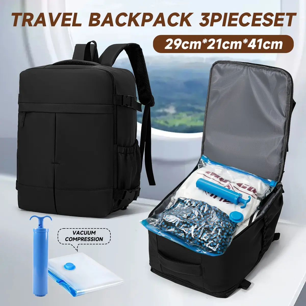 Wiz Air Cabin Bag 40x30x20cm, Vacuum Compression Travel Backpack with Pump, Casual Fabric Sports Bag, Laptop & Hand Luggage, Vacuum Seal Backpack