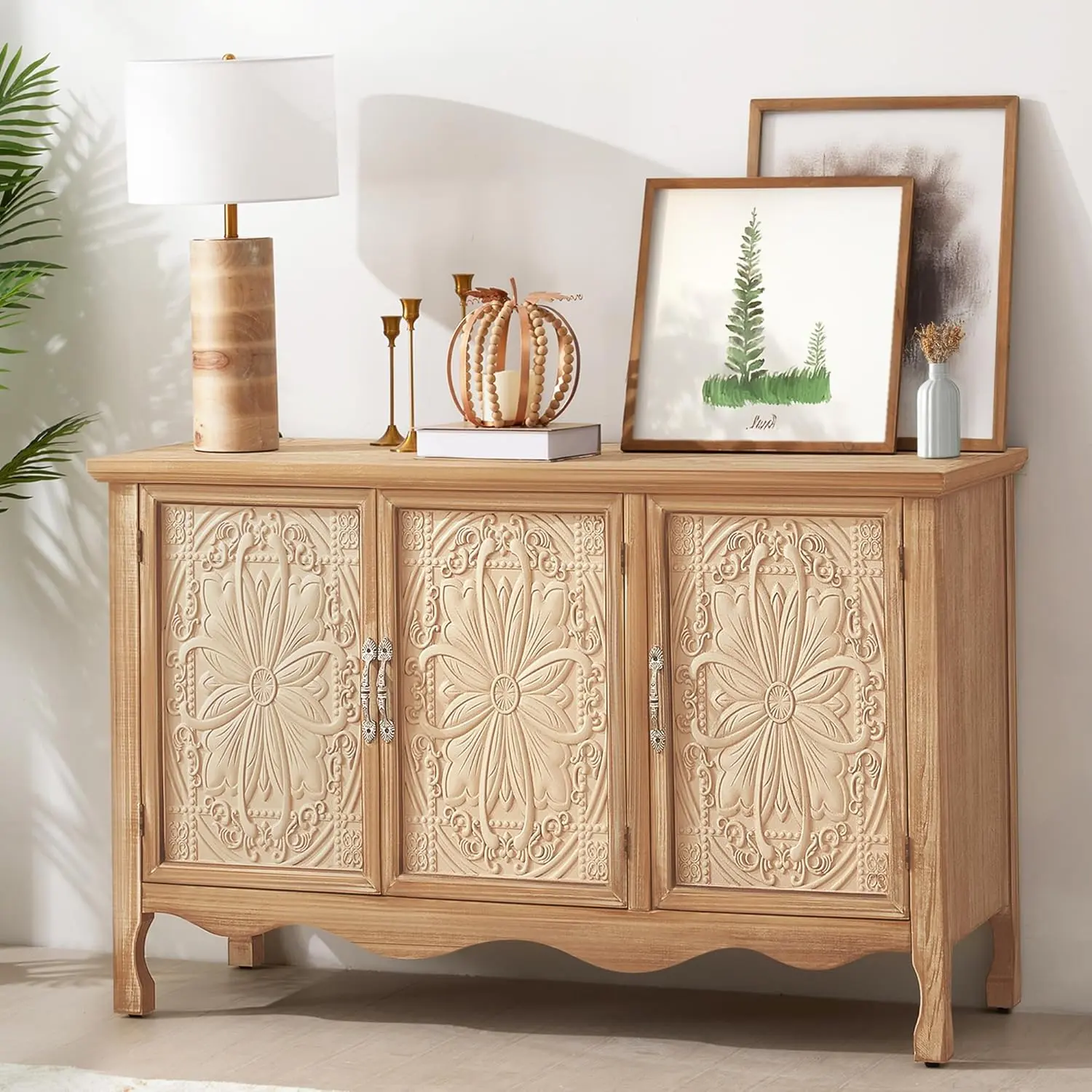 【Summervibes】RoyalCraft L Farmhouse Sideboard Buffet Cabinet with Storage, 49" Solid Wood Credenza Buffet Table Coffee Bar Wine Bar Storage Cabinet with 3 Doors for Dining Room Living Room Hallway, (Provence Grain)