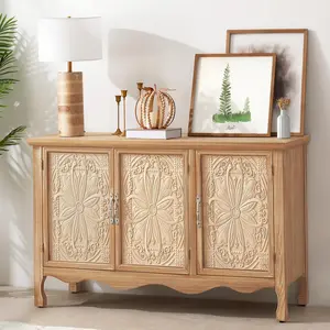 【Summervibes】RoyalCraft L Farmhouse Sideboard Buffet Cabinet with Storage, 49" Solid Wood Credenza Buffet Table Coffee Bar Wine Bar Storage Cabinet with 3 Doors for Dining Room Living Room Hallway, (Provence Grain)