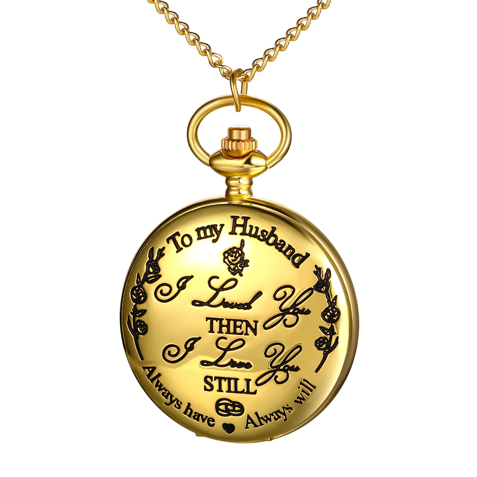 OIDEA Engraved Analog Pocket Watch for Husband, Unisex Round Fashion Watch with Arabic Numerals, Splash-Proof Alloy Case, Necklace Chain, Romantic Engraving, Perfect Sentimental Anniversary Gift, Reliable Timekeeping