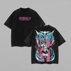 Chainsaw Miku Vintage Oversized Double Printed Washed Tee | Unisex couple T-shirts Heavyweight Cotton Anime TShirt Menswear Top Fabric