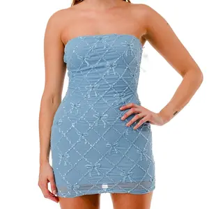 Coquette Beaded Sequin Bow Strapless Mesh Mini Dress