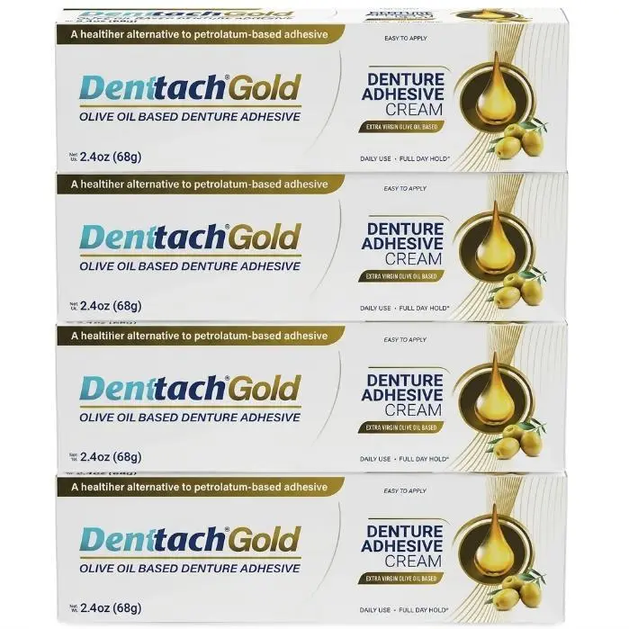 🔥 BEST SELLER! Denttach Gold Denture Adhesive, Petroleum Free Olive Oil Based Premium Denture Adhesive Cream for Full and Partial Dentures, All Day Secure Hold Denture Glue, Zinc Free, 2.4 Ounce (pack of 4)