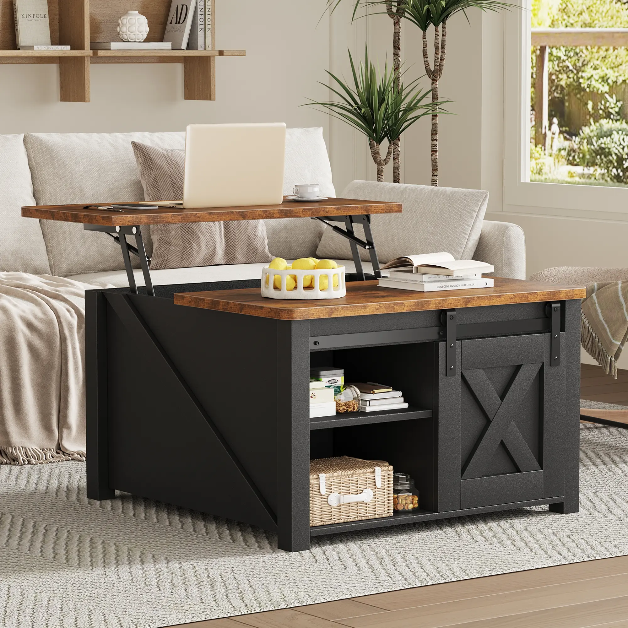 Modern Lift Top Coffee Table with Hidden Storage & Adjustable Shelves, Square Farmhouse Center Table for Living Room