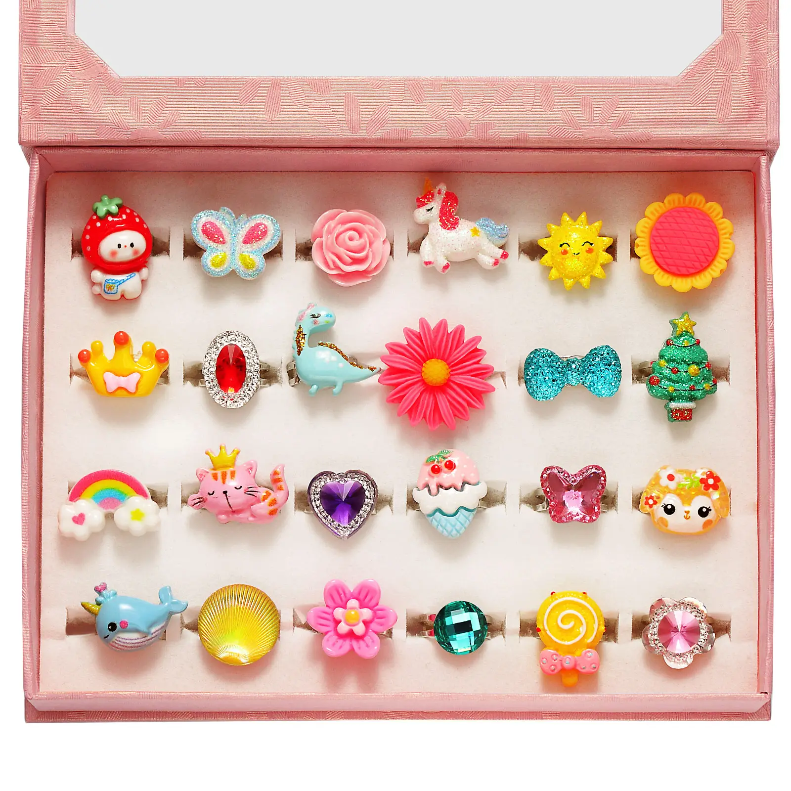 Kids Gifts Nicmore Adjustable Ring 24P Pink Sheet Cute Rings for Girls - Pink Theme, Nickel Free, Safe Materials, Suitable for Ages 3-8