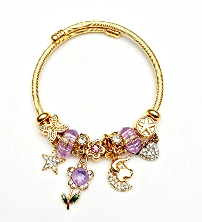 Purple Crystal Gold Charm Bangle, Adjustable Wire Bracelet with Star Floral Bull Moon Winged Heart Pendants, Jewelry Gift for Women