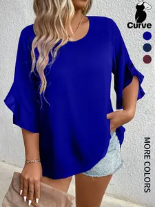 【Plus Size】 Solid Color Blouse, Casual Fashion Basic Top for Summer, Women's Plus Size Clothing for Daily Wear