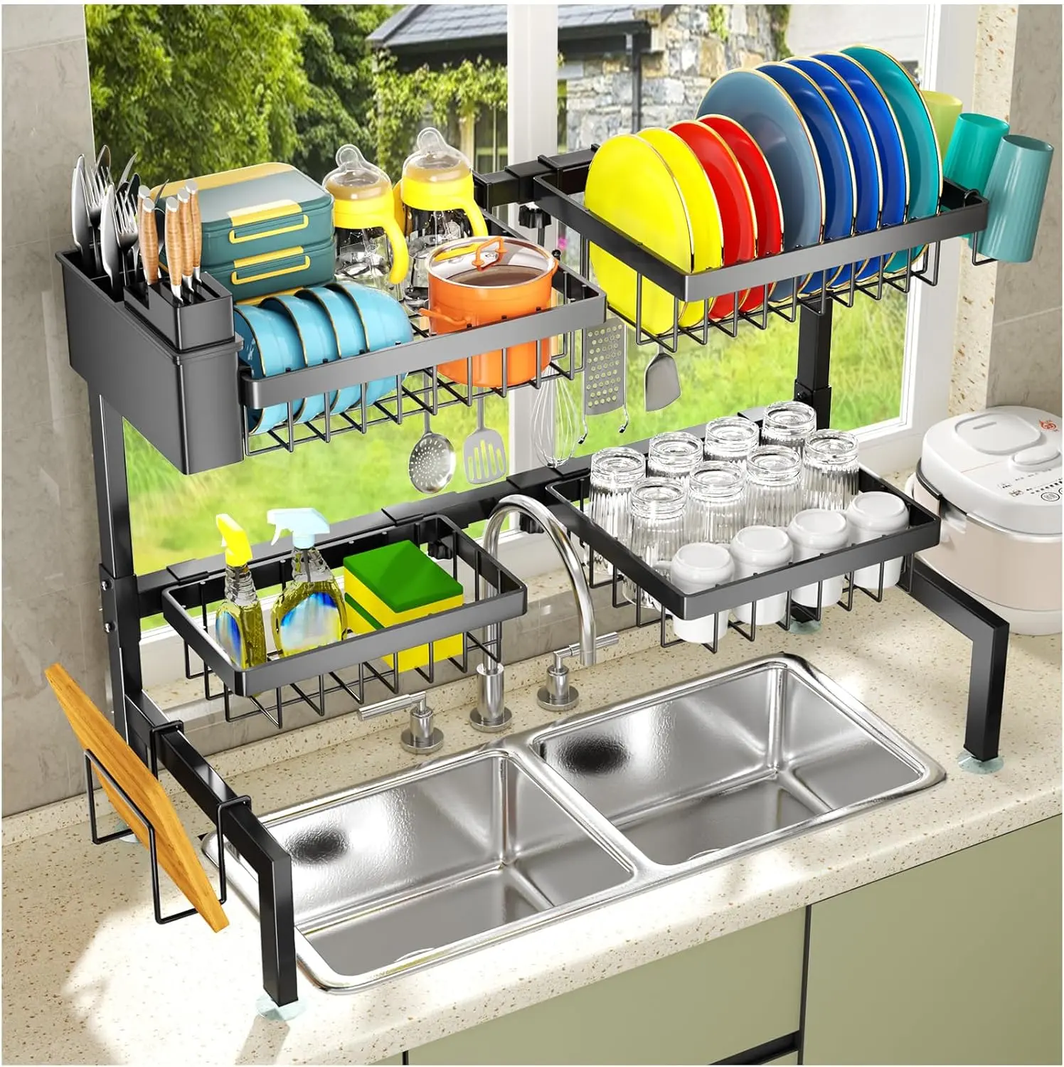 H-Shaped Hard Metal Over Sink Dish Drainer Organizer, 2-Layer 4-Basket Expandable Rectangle Shelf with Efficient Draining, Adjustable Standing Shelf, Multi-Mounted Boards for 26.57"-35" Sinks, H-Shaped Design