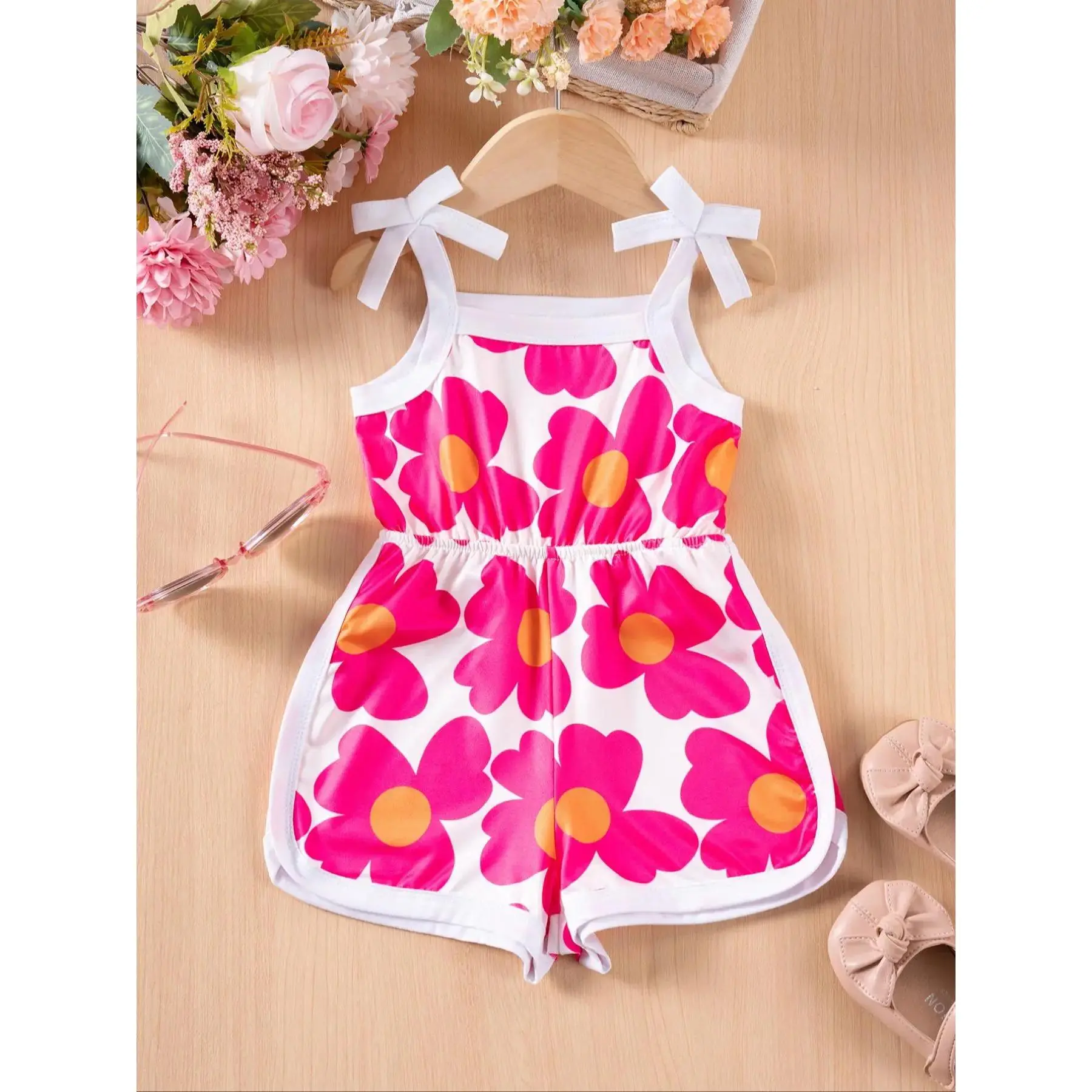 Toddler Girl's Floral Print Cami Romper, Cute Sleeveless Spaghetti Strap Romper for Summer, Toddler Girls Clothing for Daily Wear, Baby Girl Clothes