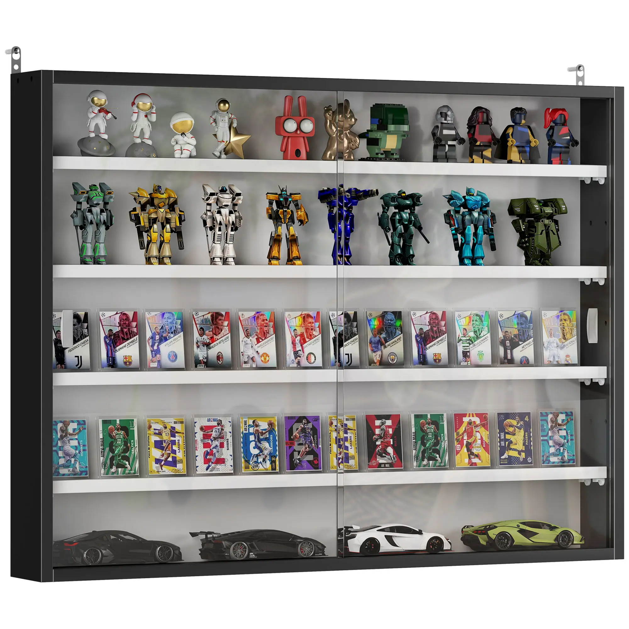 HOMCOM 5-Tier Display Cabinet, Glass Door Cabinet with Adjustable Shelves, Wall-Mounted Display Case for Playroom, Bedroom