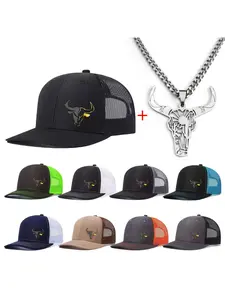 Unisex Bull Head Necklace & Baseball Cap Set, Mesh Hat, Casual Fitted Design, All-Season Wear, Ideal for Men & Women, Perfect for Daily