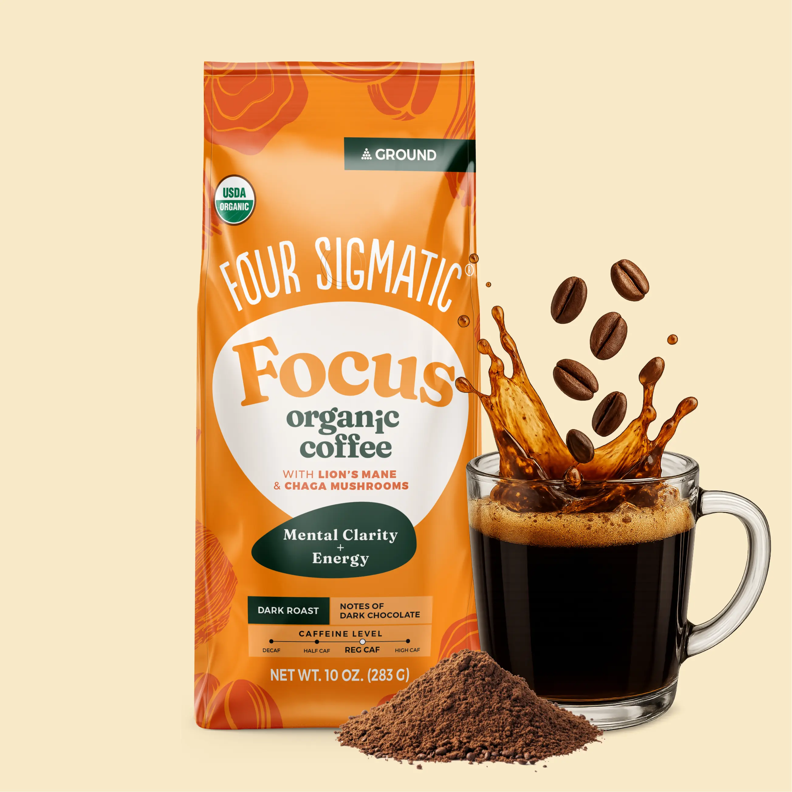 Four Sigmatic - Focus Mushroom Coffee, Organic Ground Coffee with Lion's Mane and Chaga Mushroom, 10oz Bag