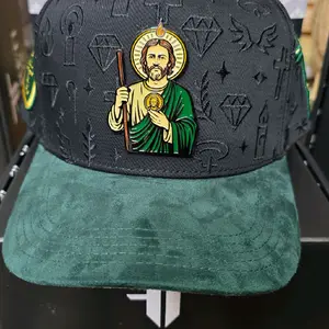 Ferreti Saint Judita Tadeo Hat with Metal Plaque Green Suede Brim Adjustable Snapback