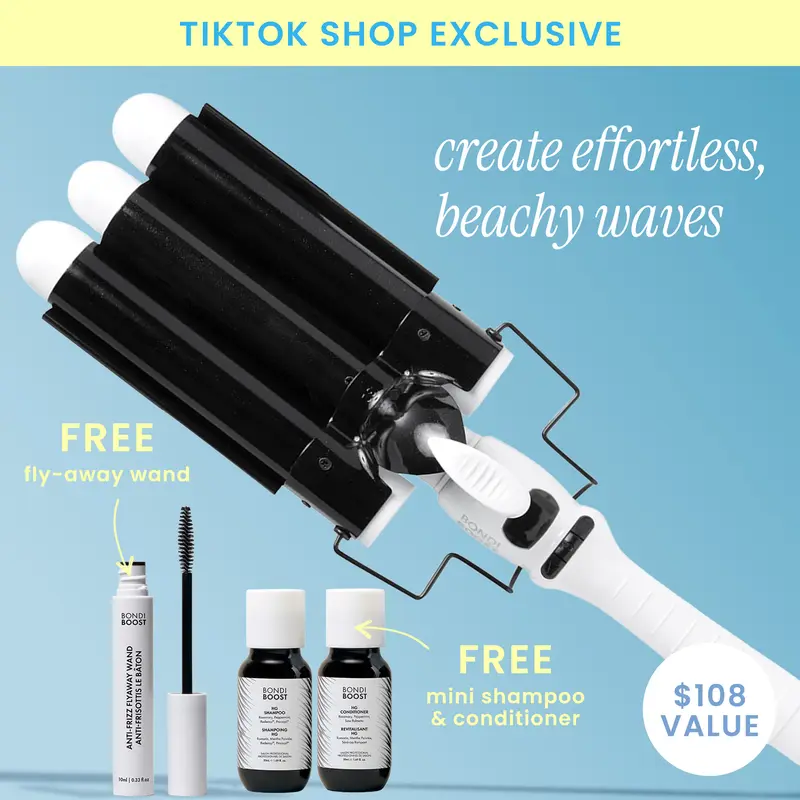 Wave Wand Curler 32mm for Beachy Waves & Y2K Curls, Pro-Performance 3-Barrel Ceramic Hair Waver, Easy to Use, BondiBoost TikTok Shop Exclusive, FREE Anti-Frizz Flyaway Wand + FREE 50ml HG Shampoo & Conditioner, All Hair Types