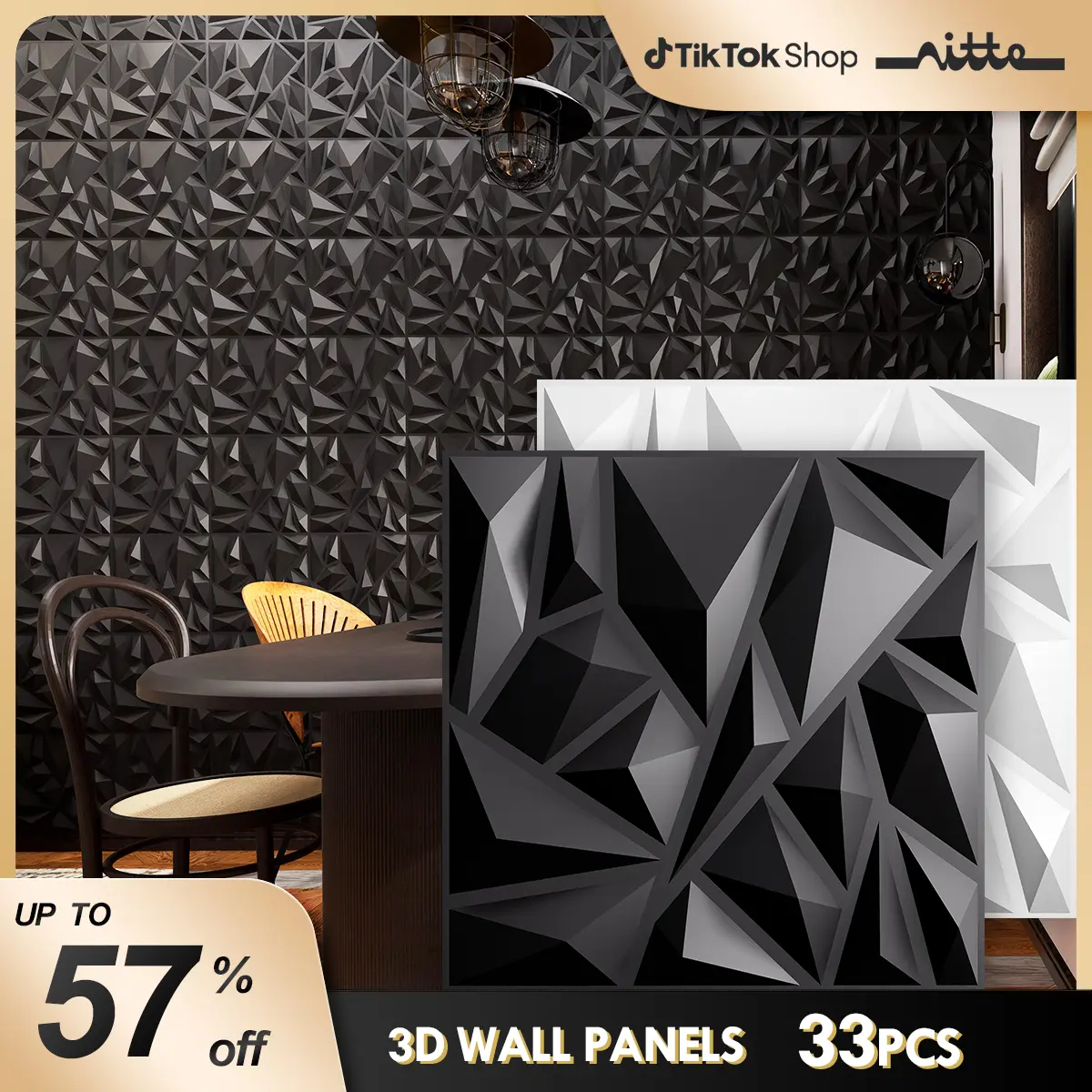 Nitte 33PCS 3D Wall Panels Set, Crystal & Starburst Designs, 11.8"x11.8" (30x30cm), Black and White Options for Modern Accent Walls in Living Room, Bedroom, and Office Decor