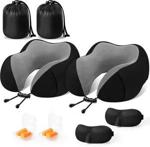 2 Pack Travel Pillow Premium Memory Foam, Comfortable & Supportive Neck Pillow, Neck Pillows for Sleeping Travel, Airplane Pillow for Sleeping Airplane, Car, Office and Home（Black & Black）