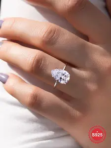 1 Pc Lovely Romantic 4 Carat Four-claw Pear-shaped Single Zircon Solitaire Ring for Women Real 925 Sterling Silver Jewelry Bridal Wedding Engagement Dating Party for Ladies Engagement Anniversary Valentine's Day Girlfriend Birthday Gift