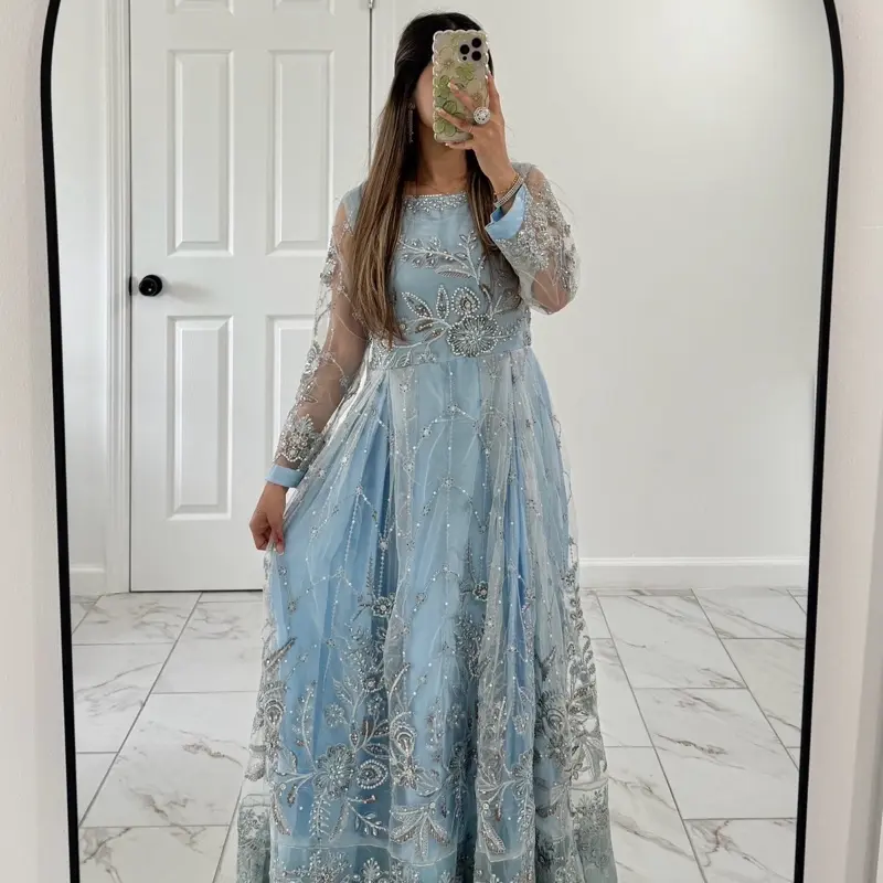 Women's Desi Sky Blue Wedding Guest Gown - Indian Pakistani Style with Beadwork and Embroidered Details Womenswear