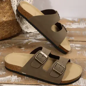 Women's Sandals Retro Double Buckle Slides Comfort Cork Insole Indoor Outdoor Shoes Open-Toe Flat Heel Sandals